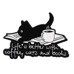 Значок Котик с книгой и кофе